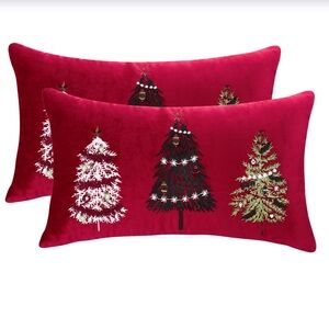 Red Christmas Embroidery Lumbar Pillow Covers 12x20” (2 Pack)